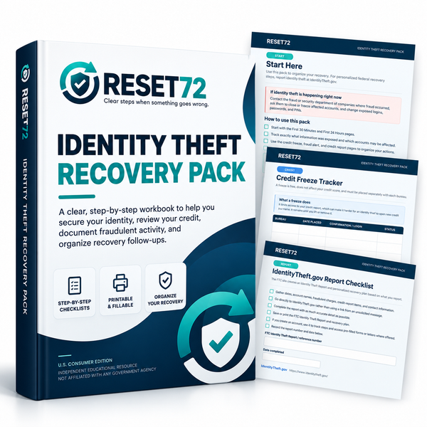 RESET72 – Identity Theft Recovery Pack — printable and fillable digital pack